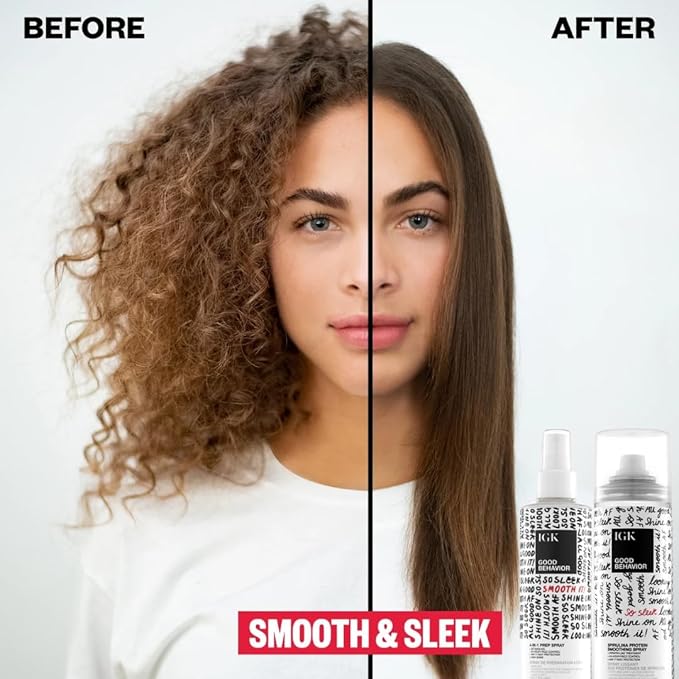 IGK GOOD BEHAVIOR Smoothing Frizz Fighters Travel Set | 4-in-1 Prep Spray + Spirulina Protein Smoothing Spray | Frizz Control + Heat Protectant | Vegan + Cruelty Free