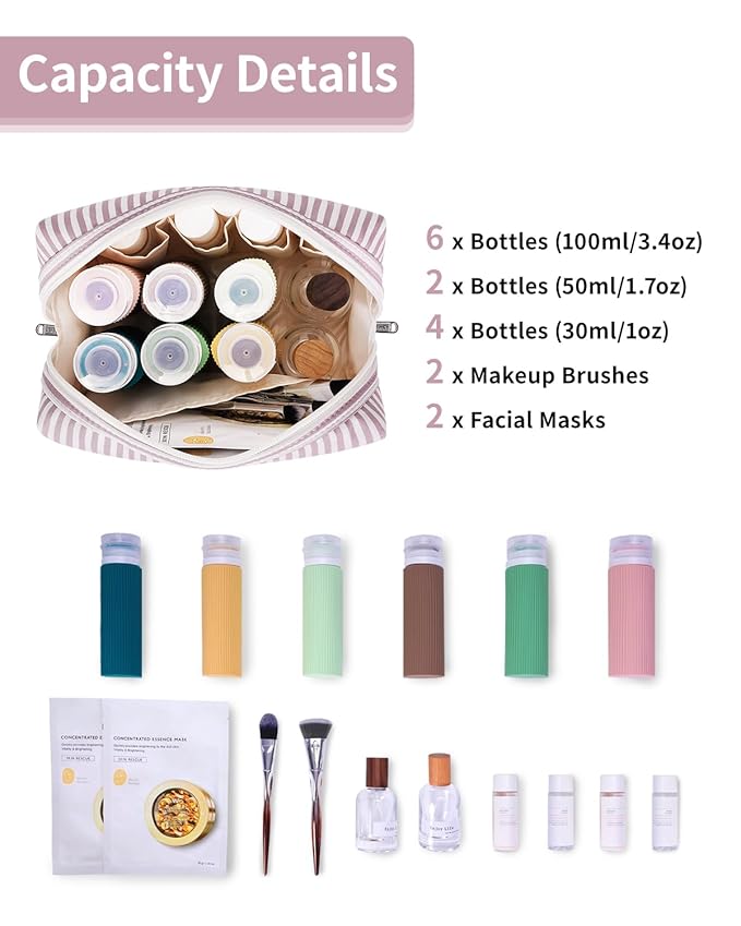 Narwey Striped Makeup Bag Travel Cosmetic Bag Organizer Toiletry Bag Make Up Bags with Compartments for Women Girls (Large, Dusty Rose Stripe)