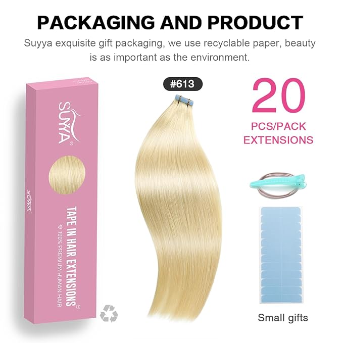 SUYYA Tape in Hair Extensions Bleach Blonde 100% Real Human Hair 22 inches 20pcs 50g/pack Straight Seamless Skin Weft Tape in Human Hair Extensions Bleach Blonde(22 inches #613 Bleach Blonde)