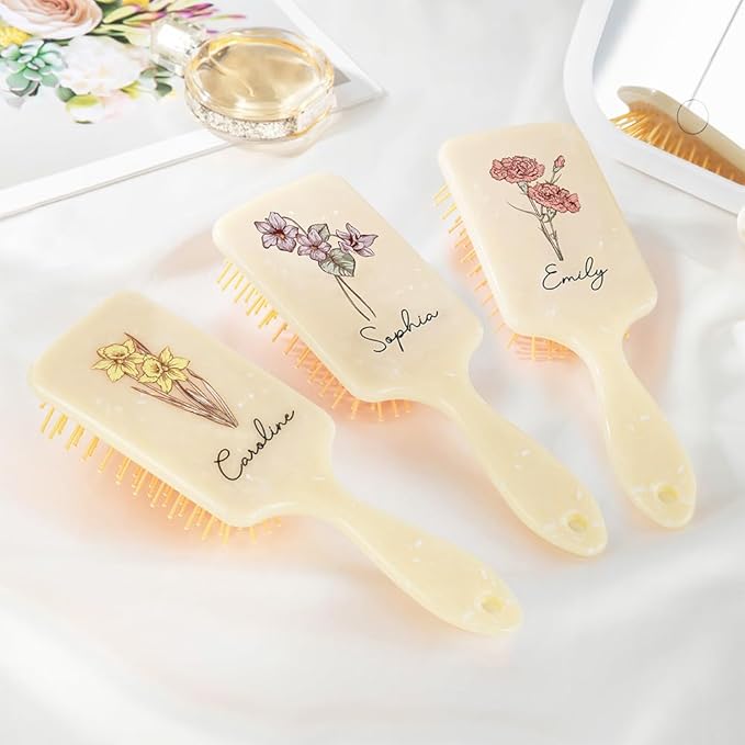 Custom Hair Brushes For Women Personalized Birth Month Flower Name Hair Brush for Curly Hair Detangling Wet Hairbrush Birthday Christmas Gifts For Mother Daughter Grandma