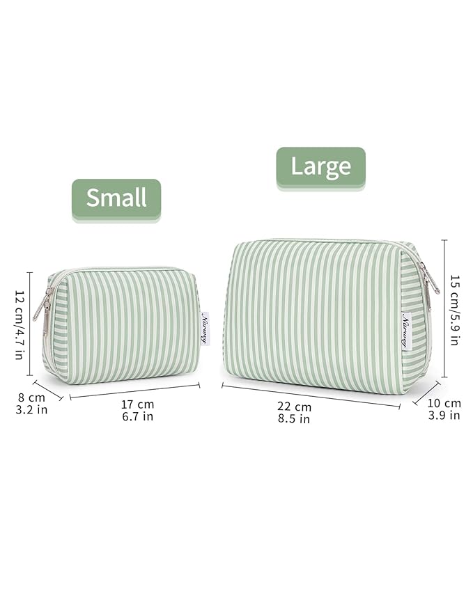 Narwey Striped Makeup Bag Travel Cosmetic Bag Organizer Toiletry Bag Make Up Bags with Compartments for Women Girls (Large, Mint Green Stripe)