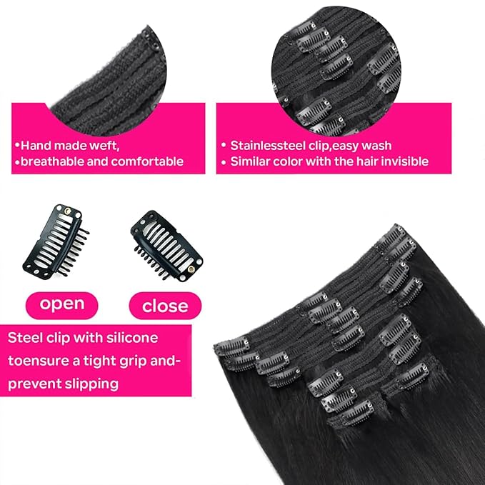 Yaki Straight Clip in Hair Extensions Real Human Hair 8Pcs Remy Human hair Clip ins for Women, Natural Soft Human Hair 120g 18inch #1B Natural Black