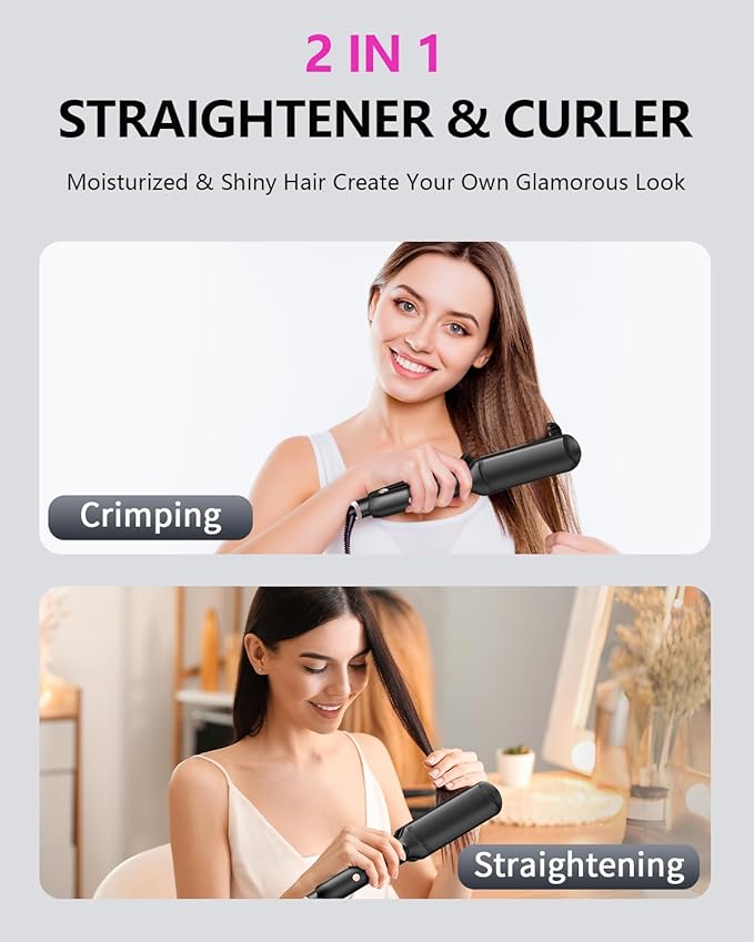 Hair Crimper Waver, Professional Hair Straightener Beach Waves Curling with 4 Interchangeable Ceramic Plates | Auto Temp Control for All Hair Types | Quick Heat Wide Plate Styling Tool & Straightener