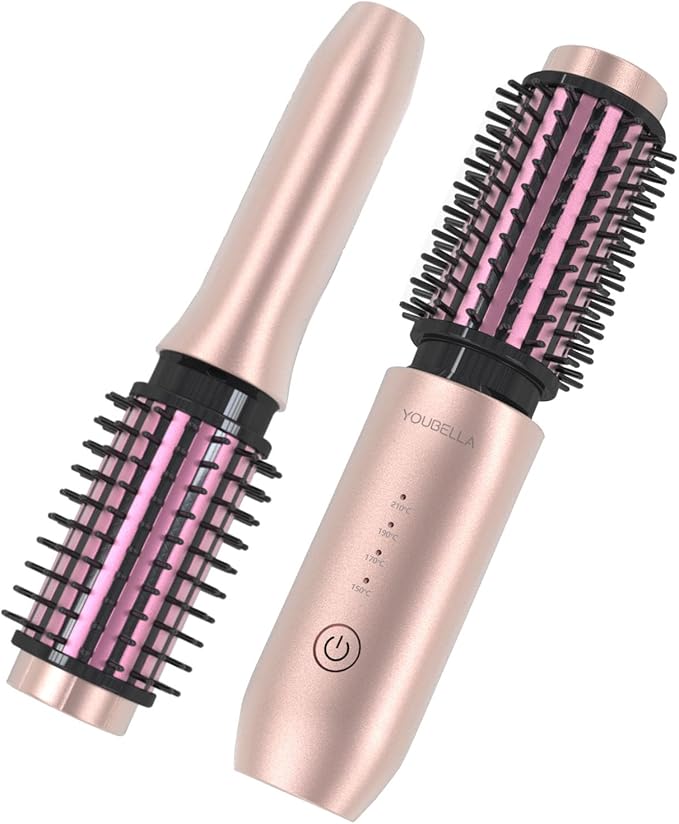 Youbella Cordless Hair Curling Iron Brush, Mini Travel Hot Straightener Comb, 3-in-1 Portable Wave Curling Wand, 1.5″ Ionic Heated Brush, USB Rechargeable Hair Curler, Pink – No Automatic Rotation