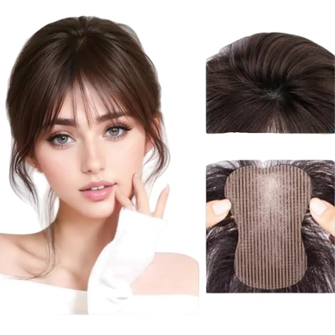 Anemone 100% Real Human Hair Topper No Need Clips Magic Paste Hair Seams 7x10cm Skin Base Fringe Bangs Easy to Wear (Dark Brown French Bangs)