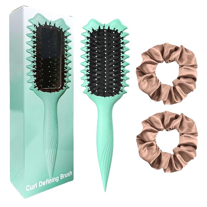 Curly Hair Brush Boar Bristles Curl Defining Brush With 2 Psc Silk Scrunchies Detangling Brush For Curly Hair Detangling Brush Styling Comb Curling Curling Brush (Green)