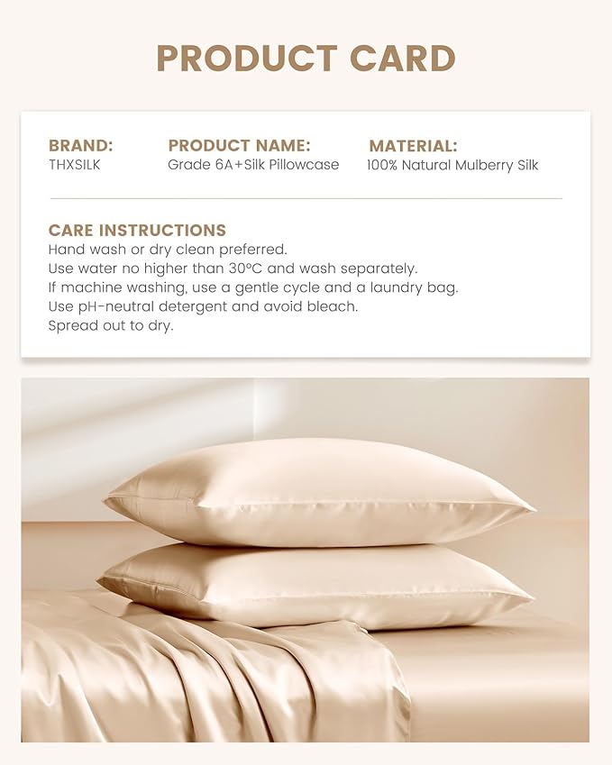 THXSILK 100% Mulberry Silk Pillowcase for Hair and Skin Health, Soft and Smooth Pillowcase with Hidden Zipper, Both Sides Premium Grade 6A+ Silk, 1pc (Standard 20"x26", Beige)