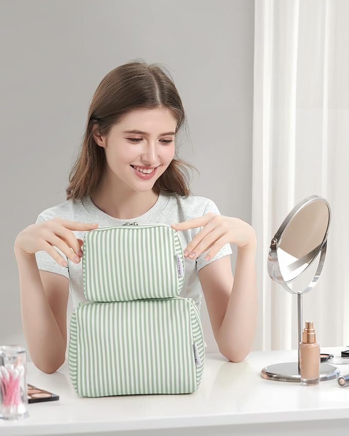 Narwey Small Striped Makeup Bag for Purse Mini Cosmetic Bag Travel Makeup Pouch Zipper Pouch Cute Make up Bags with Compartments for Women Girls (Mint Green Stripe, Small)
