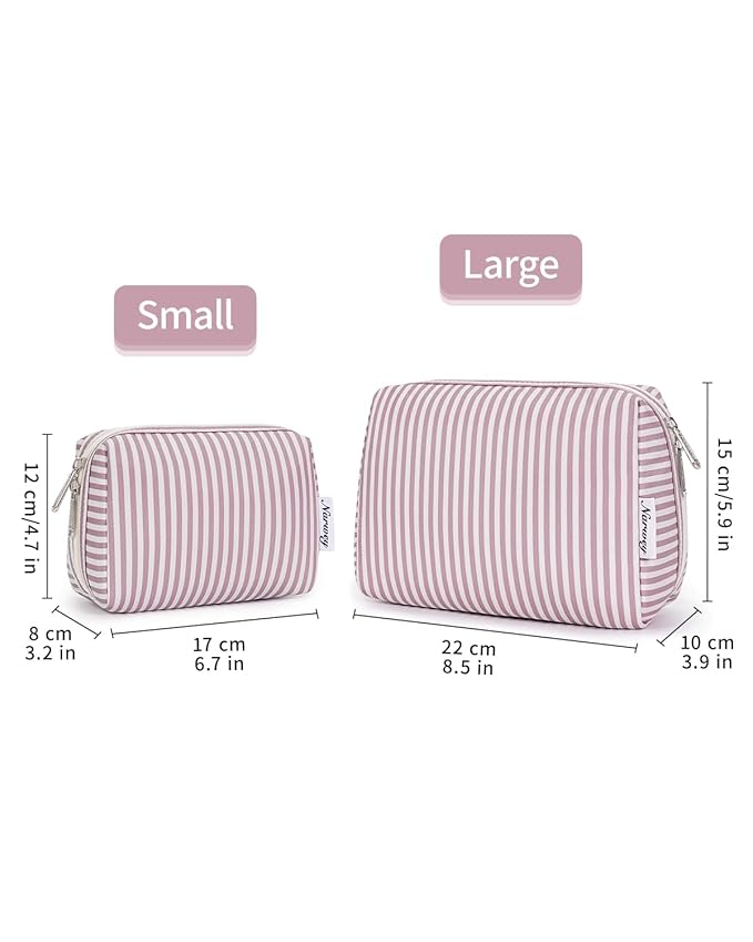 Narwey Striped Makeup Bag Travel Cosmetic Bag Organizer Toiletry Bag Make Up Bags with Compartments for Women Girls (Large, Dusty Rose Stripe)