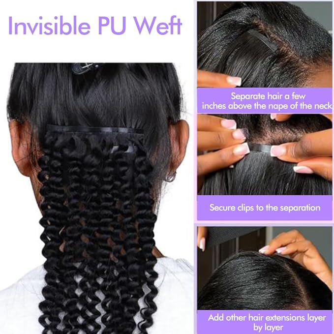 Seamless 3C 4A Kinky Curly Clip In Extension PU Weft Curly Clip in Extension Human Hair Clip Ins Full Head for Black Women Brazilian Remy Human Hair Natural Color 8Pcs with18clips 120g/Set (20 inch)