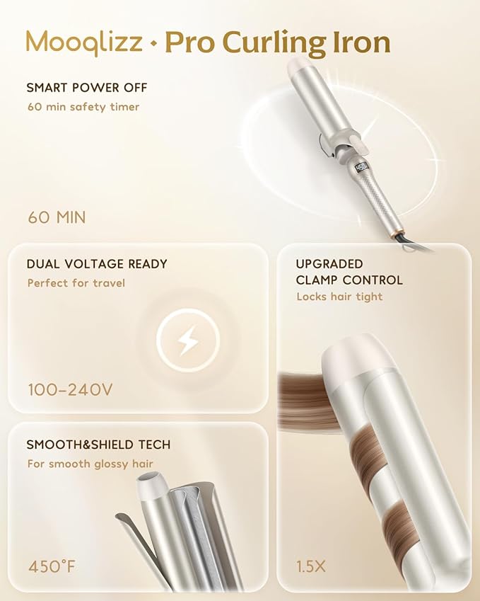 Professional Curling Iron 2 Inch, Large Barrel Curling Wand for Long Hair, MCH Heating with 12 Temperature, Dual Voltage, Gold