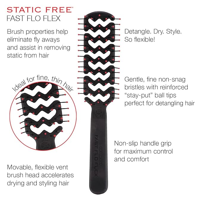 Cricket Static Free Fast Flo Flex Vent Hair Brush - Quick Drying, Detangling, and Styling - Anti-Static Bristles for Frizz-Free Blowouts, Ideal for All Hair Types