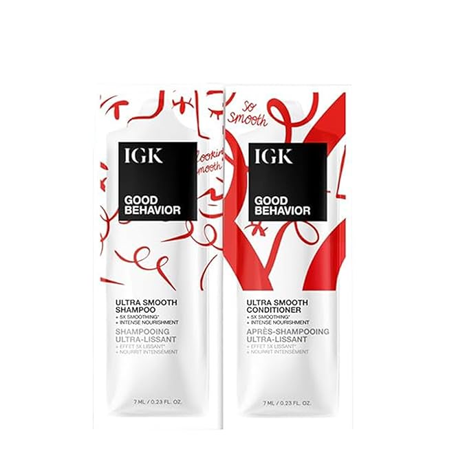 IGK GOOD BEHAVIOR Ultra Smooth Shampoo and Conditioner Set (8 Oz) + Bonus Travel Size Packettes | Volume + Thickening | Vegan + Cruelty-Free |