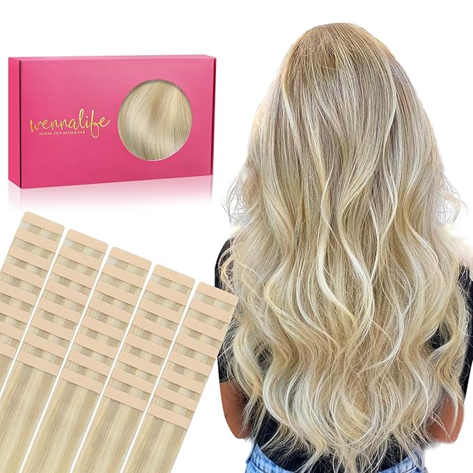 WENNALIFE Tape in Hair Extensions Human Hair, 40pcs 100g 22 inch Ombre Ash Blonde to Golden Balayage Platinum Blonde Hair Extensions Real Human Hair Straight Invisible