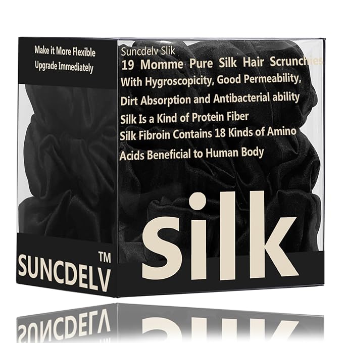Suncdelv Silk,100% Silk Scrunchies for Hair,22 Momme Hair Ties for Anti-Crease & Breakage,Natural Women Hair Accessories，Fashion Hairbands 3PCS （Black）