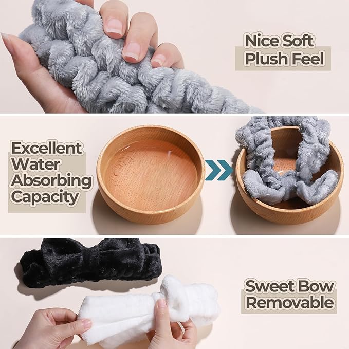 LEOBRO Spa Headband for Skin Care and Makeup, Women Teen Girls Headband for Washing Face, with Hair Bands, Hair Scrunchies, Black & White & Gray