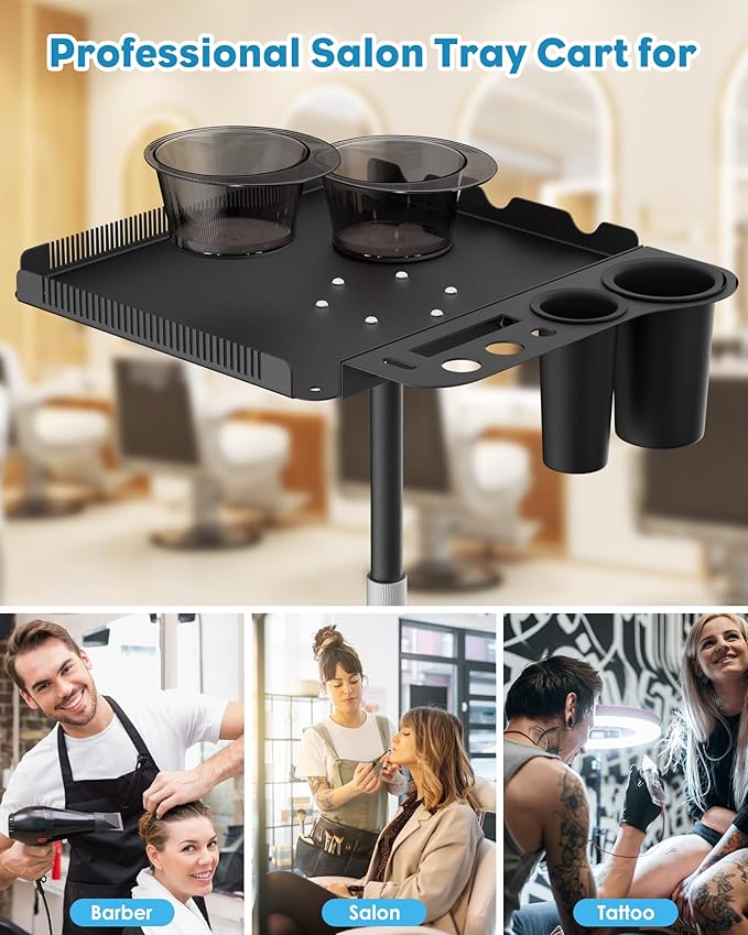 Salon Tray on Wheels,Metal Tray Rolling Cart with 2 Magnetic Bowls,Tattoo Tray, Salon Station with Hairstylist Holder and Hair Separator Stand,Multi-Function Adjustable with Wheels