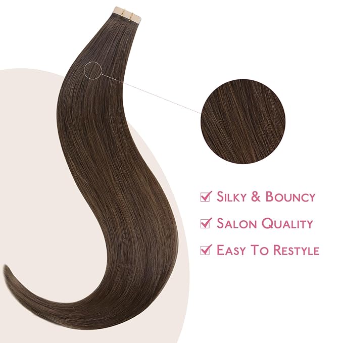 WENNALIFE Tape in Hair Extensions Human Hair Chocolate Brown Tape in Extensions, 10pcs 25g 14 inch Remy Invisible Tape Ins Straight Soft Real Human Hair Tape in Extensions Refill Set Extensions