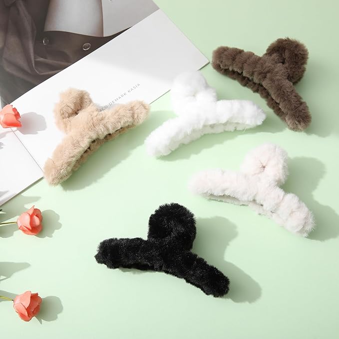 5PCS Large Claw Hair Clips for Thick Hair Big Banana Hair Clips for Women Nonslip Strong Hold Hair Claw Clip Plush (White+Black+Beige+Brown+Coffee)