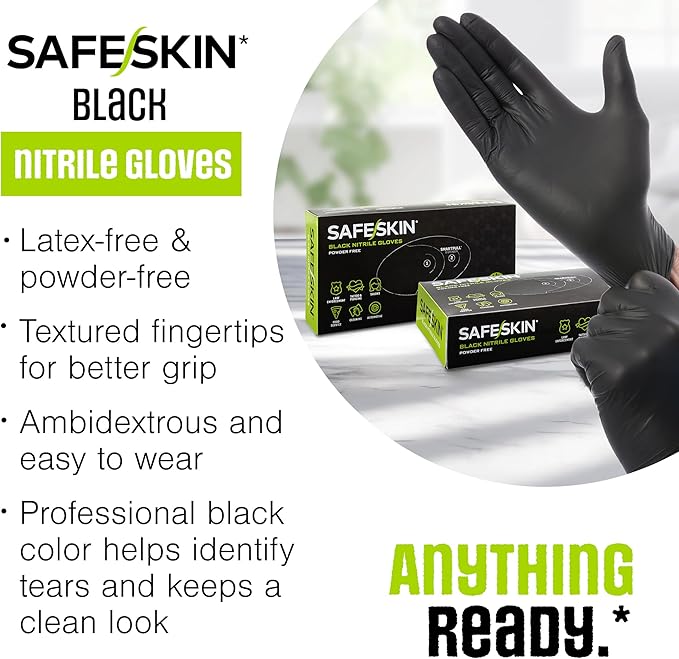 SAFESKIN Black Nitrile Disposable Gloves Powder Free Latex Free Tattoo, Food Prep, 3.5 mil