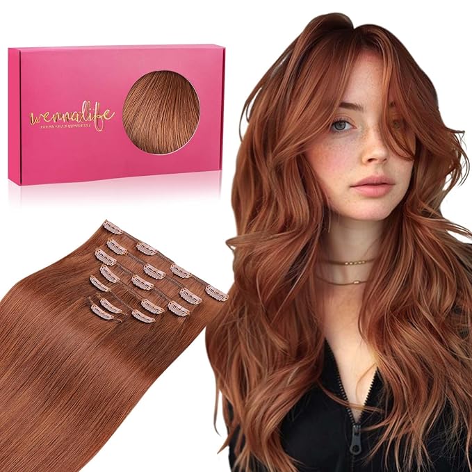 WENNALIFE Clip in Hair Extensions Real Human Hair, 24 Inch 120g 7pcs Clip in Hair Extensions Real Human Hair, Dark Auburn Copper Human Hair Clip in Extensions Remy Human Hair Extensions Clip Ins