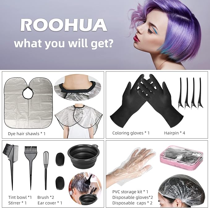 ROOHUA 16 Pieces Hair Dye Coloring Kit- Hair Tinting Bowl, Hair agitator, Dye Brush, Ear Cover, Hairpin, Hair Coloring Cape For Hair Dye Tools