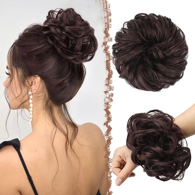 FESHFEN Messy Bun Hair Piece - Large Elastic Wavy Curly Hair Bun Scrunchies Ponytail Extensions Synthetic Chignon Hairpieces for Women, Black Cherry 1.94oz