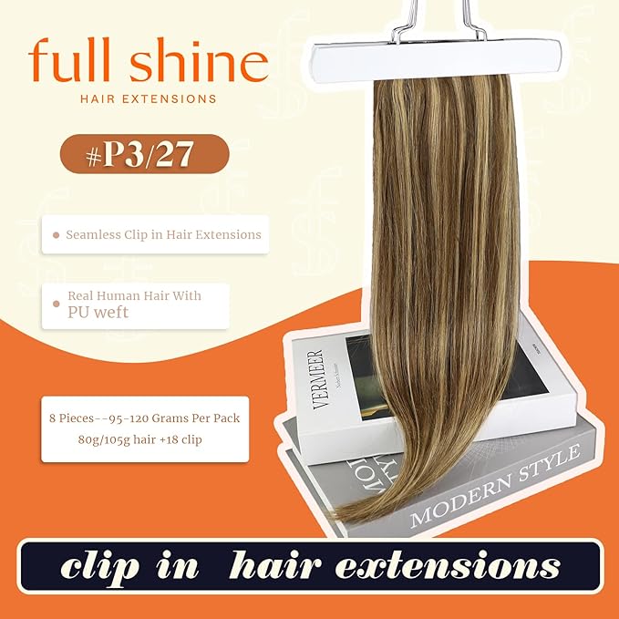 Full Shine Brown Clip in Hair Extensions Human Hair 14 Inch Dark Brown with Caramel Blonde Highlights Straight Hair Extensions for Women 8PCS 120G