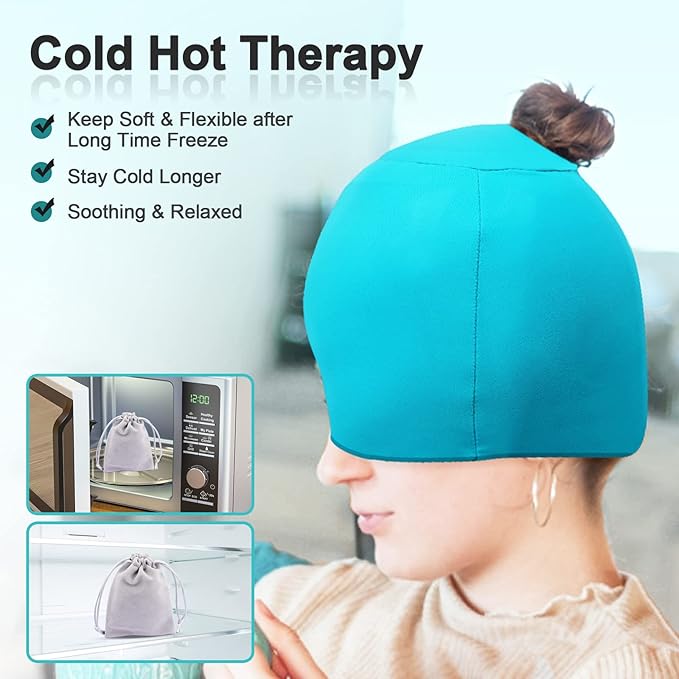 Migraine Relief Cap with Gel Top Coverage, Headache Relief Hat for Migraine Sinus Tension Stress Pain Relief, Migraine Ice Head Wrap Ice Gel Packs Hot Cold Therapy Headache Relief Cap