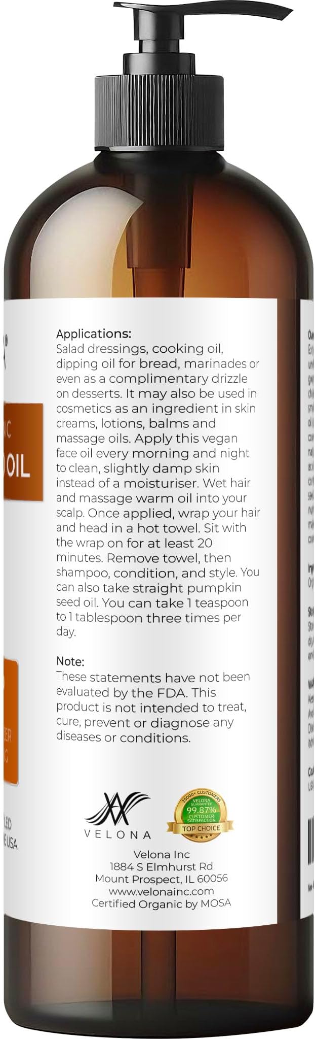 velona Pumpkin Seed Oil USDA Certified Organic - 16 Fl Oz | 100% Pure and Natural Carrier Oil | Unrefined, Cold Pressed | Cooking, Face, Hair, Body & Skin Care | Use Today - Enjoy Result