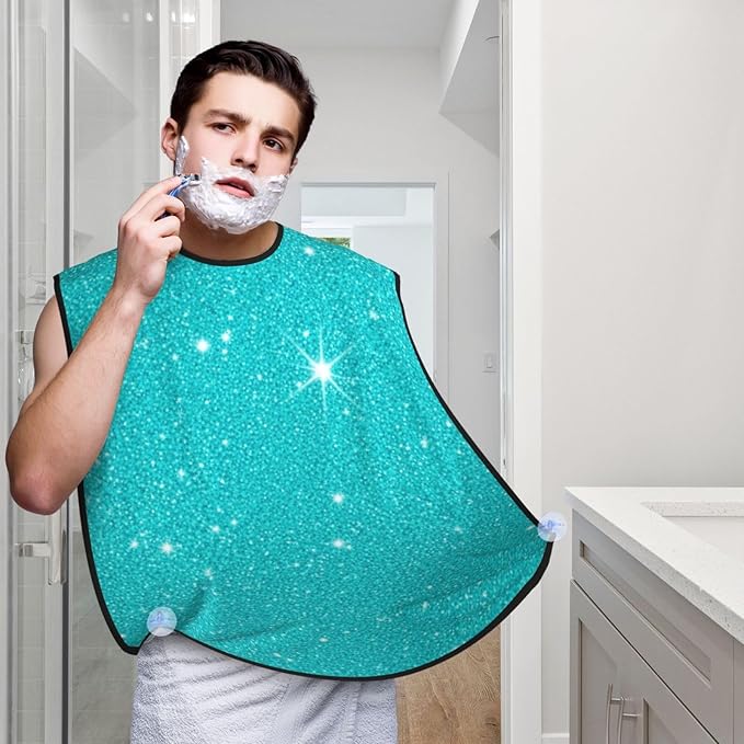Stretchable Beard Cape, Non-Stick Hair Catcher for Trimming, Waterproof Grooming Apron, Teal Blue Glitter Sparkle Texture