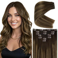 Ve Sunny Clip in Hair Extensions Real Human Hair Balayage Clip in Human Hair Extensions Ombre Brown with Blonde Clip on Extensions for Women Long Straight Hair 24inch 120g 7Pcs