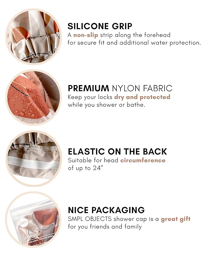 Shower Cap for Women, Luxury, Fashionable, Reusable, Waterproof Turban Shower Cap for Long Hair SMPL OBJECTS (Shapes of beige)