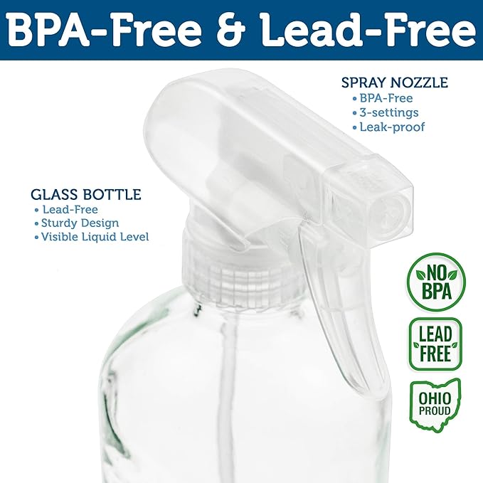 Sally's Organics® Empty Clear Glass Spray Bottles - Refillable 16 oz Containers for Essential Oils, Cleaning Products, Aromatherapy, Misting Plants, or Cooking - Sprayer with Mist and Stream - 2 Pack