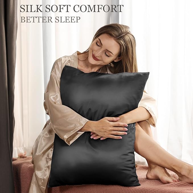 Adubor 100% Silk Pillowcase - Mulberry Silk Pillow Cases, 23 Momme 6A Grade Fibers, Silk Pillow Case for Hair and Skin Health, with Hidden Zipper (King 20''×36'', Black, 1PC)