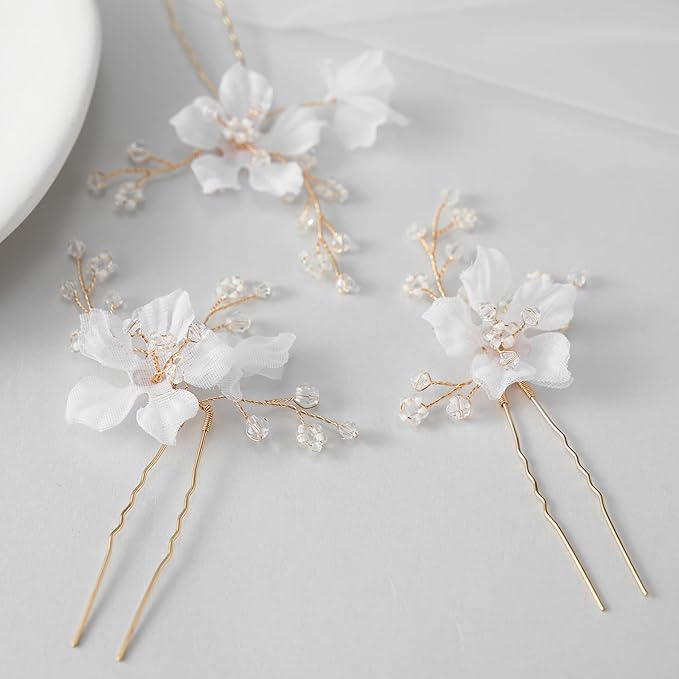 SWEETV 3Pcs Bridal Hair Pins White Flower Bride Hair Pieces Wedding Hair Side Combs Floral Headpieces Accessories Fall Beach Clip for Brides Bridesmaids Women Girls