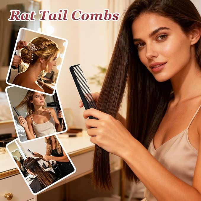 2Pcs Hair Combs for Women and Men，Combs for Hair Stylist, Professional Black Carbon Fiber Teasing Comb，Fine and Wide Tooth Barber Comb for All Hair Types（Style 2）