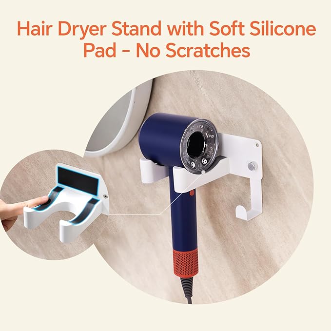 Dyson Hair Dryer Holder, Blow Dryer Holder Self Adhesive Hair Dryer Holder Wall Mounted Aluminum Hair Tool Organizer Blow Dryer Holder for Bathroom White CHOCHYAH