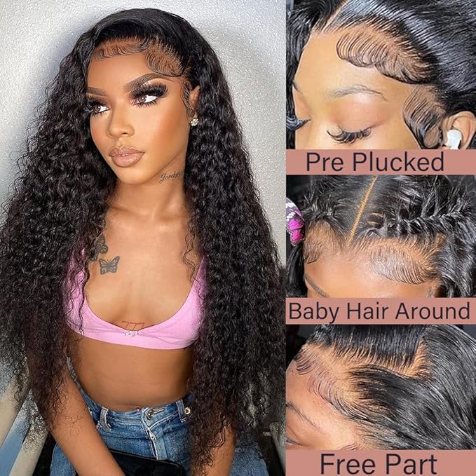 Deep Wave 13X6 HD Lace Front Wigs Human Hair Pre Plucked Brazilian Virgin Deep Curly Wigs with Baby Hair for Black Women Natural Black Color 200% Density 24 Inch