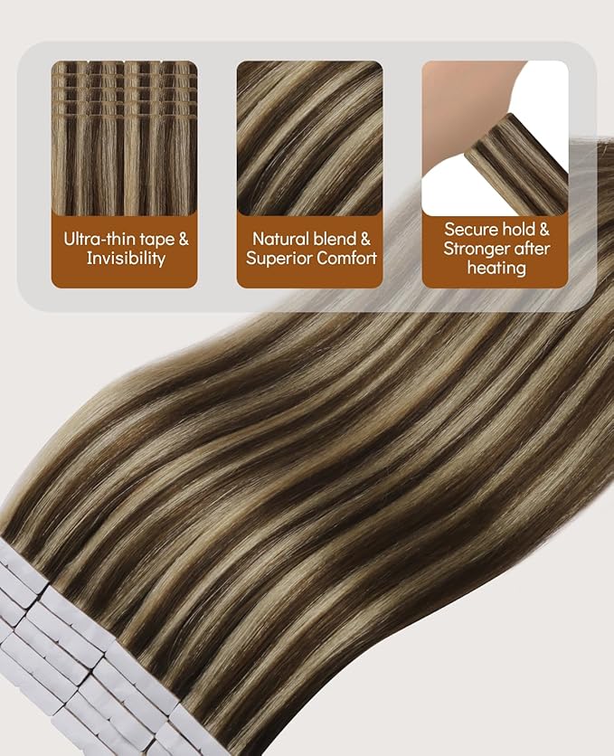 VINBAO Invisi Edge Tape in Hair Extensions Human Hair, Dark Brown with Blonde Injected Tape in Extensions with Highlights, 16in 45g 20pcs/pack Natural Look 16inch #4P27