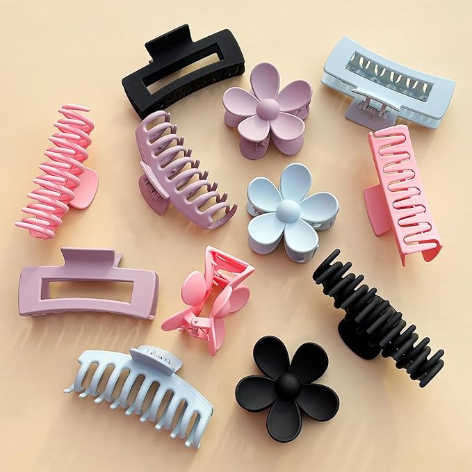Large Hair Claw Clips 12 Pack, Flower Hair Clips for Thin Hair, Big Square Matte Strong hold for Thick Hair, 3 Styles Hair Clips for Women Thick Hair