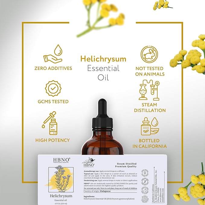 HBNO Helichrysum Oil - Huge 4 oz (120ml) Value Size - Ideal for Perfumes, Home Fragrances, Reed Diffusers, Lotions, Car Fresheners and Skin Care Products.