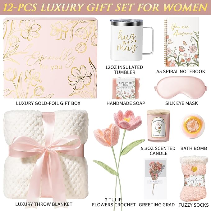 Christmas Birthday Gifts for Women Self Care Package, Get Well Soon Gift Baskets for Women Spa Gifts Set, Unique Thinking of You Inspirational Sympathy Gift Baskets for Mom Best Friend Sister Wife Her