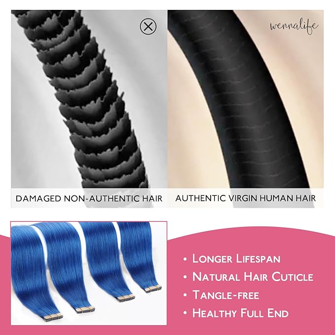 Wennalife Tape in Hair Extensions Human Hair Blue Tape in Extensions, 10pcs 30g 24 inch Remy Invisible Tape Ins Straight Colored Soft Real Human Hair Tape in Extensions Refill Set Extensions