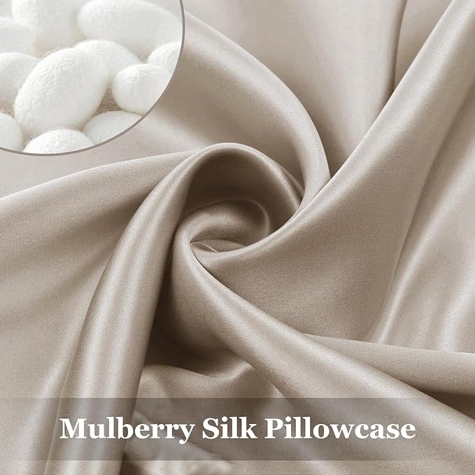 Adubor Silk Pillowcase 2 Pack for Hair and Skin with Hidden Zipper, Both Sides 23 Momme Silk Pillow Case (Beige, Queen: 20''X30'')