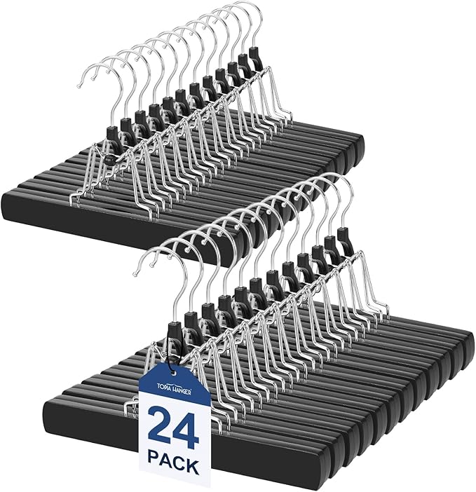 TOPIA HANGER 24 Pack Wooden Pants Hangers, Hair Extension Hangers Non Slip Skirt Hanger Wood Clamp with Velvet Padded 360° Swivel Hook for Jeans, Skirts, Trousers, Wigs Black CT68B
