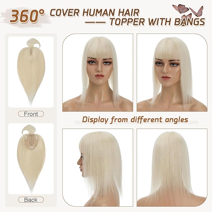 Rich Choices Real Human Hair Toppers for Women With Bang 100% Remy Human Hair Topper for Thinning Hair Clip in Silk Base Hair Topper 14 Inch #60 Platinum Blonde