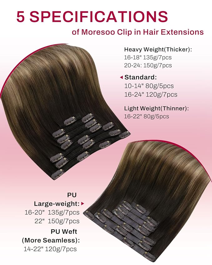 Moresoo Seamless Clip in Human Hair Extensions Balayage 135g 16inch Clip in Hair Extensions for Thin Hair to Add Length Dark Brown to Golden Brown With Golden Blonde 7pcs