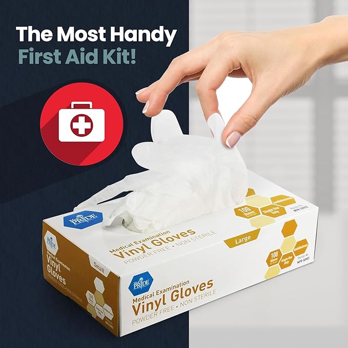 MED PRIDE Medical Vinyl Examination Gloves (Large, 100-Count) Latex & Rubber Free, Ultra-Strong, Clear Disposable Powder-Free Gloves for Healthcare & Food Handling Use (Pack of 2)