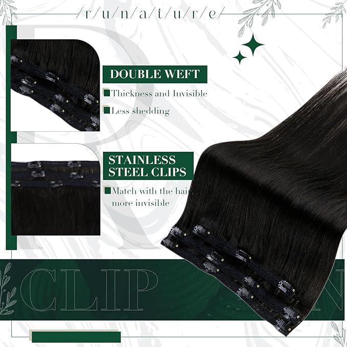 RUNATURE Black Clip in Hair Extensions Real Human Hair, Remy Hair Extensions Clip Ins, Double Weft Human Hair Clip in Extensions for Women, Add Hair Length, 18 Inch 50g 3pcs #1B Off Black